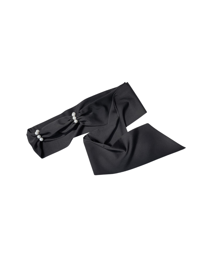 [pre-order] Black Square Collar French Retro Dress + Waist Ribbon + Black Ribbon Headband + Pearl Necklace