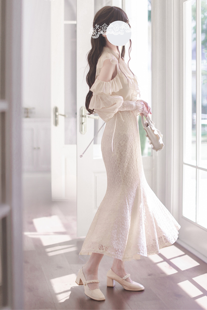 Sheer Chiffon Big Ribbon Shirt + Mermaid Skirt