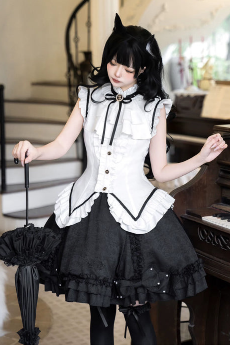 Flying Sleeve Sweet Dark Top + Flare Skirt