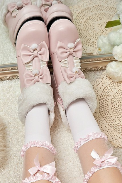 Double Ribbon Fur Short Boots
