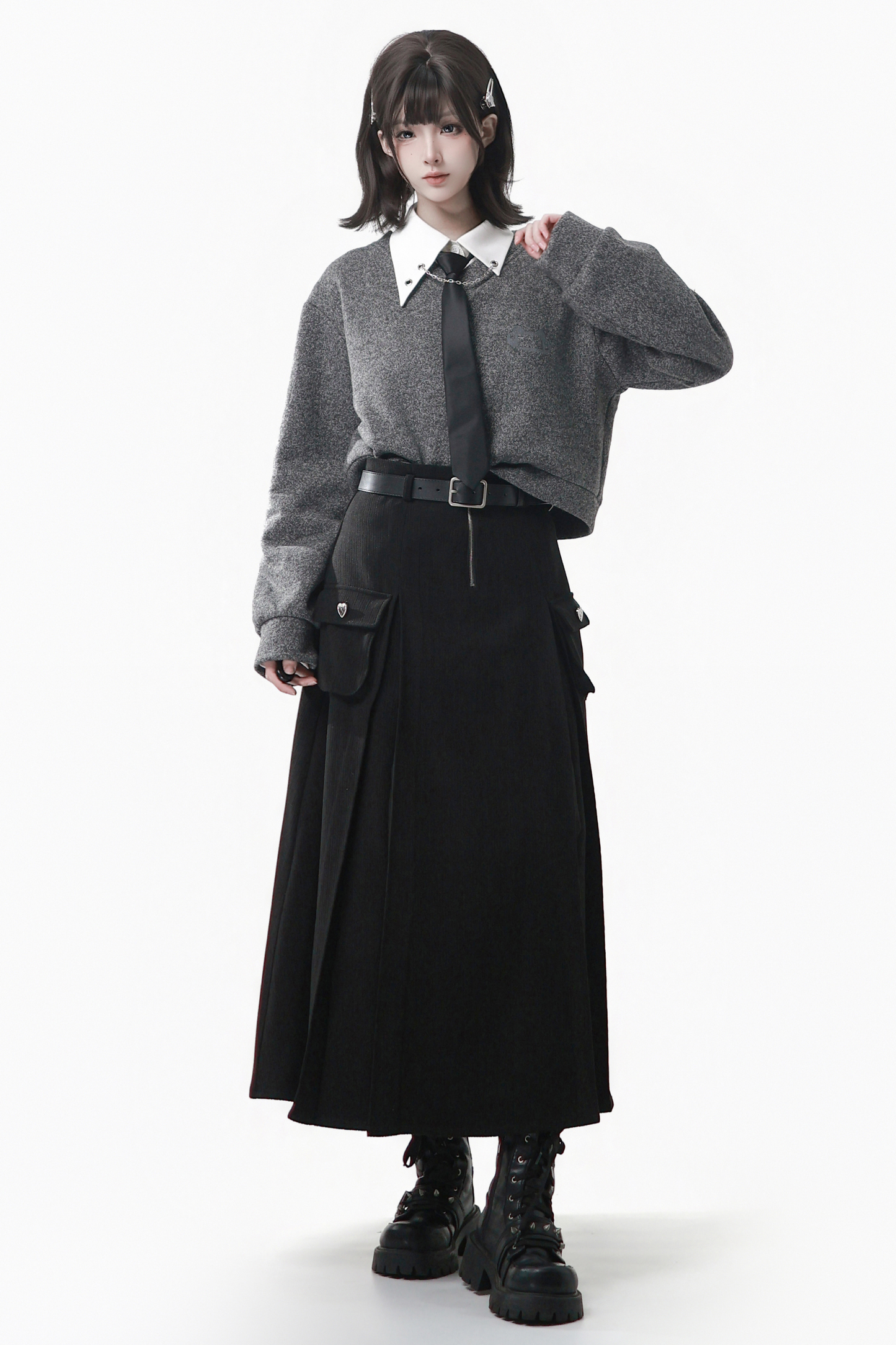 Gray Winter Preppy College Long Top + Short Top + Skirt + Pants + Shirt