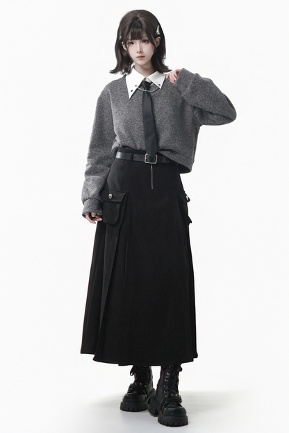 Gray Winter Preppy College Long Top + Short Top + Skirt + Pants + Shirt