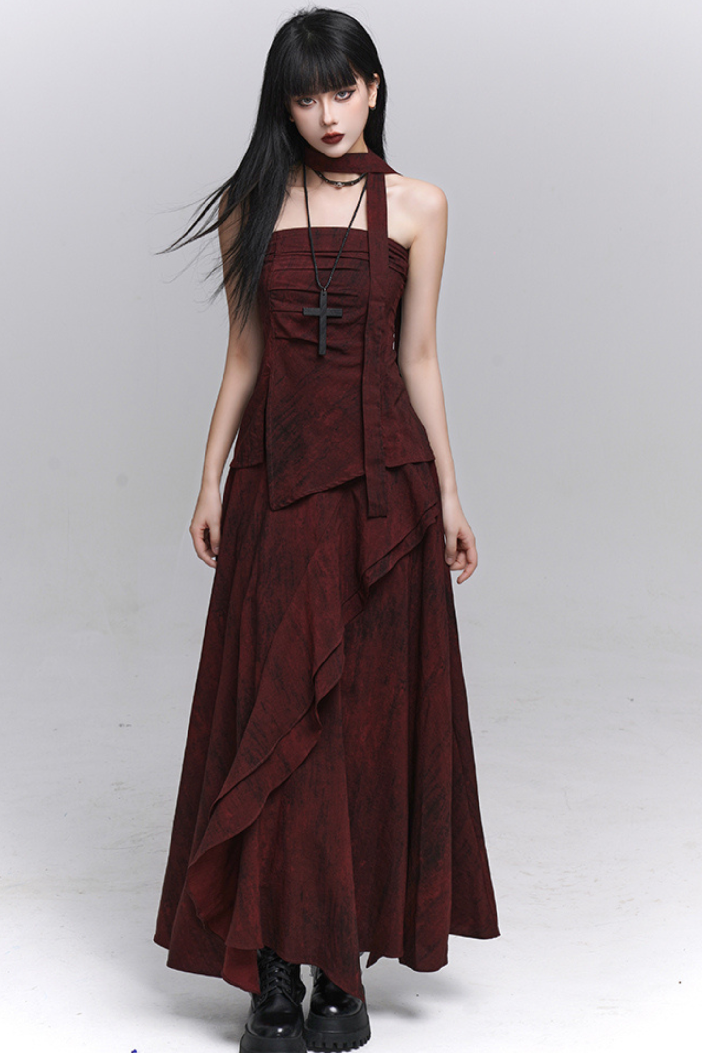 Dark Red Bandeau + Long Skirt