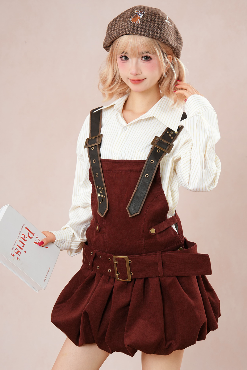 Burgundy Corduroy Suspender Dress