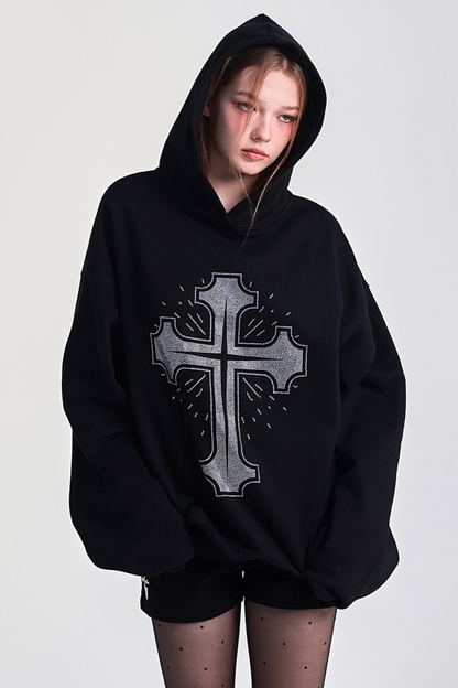 Big Cross Design Loose Hooded Sweatshirt