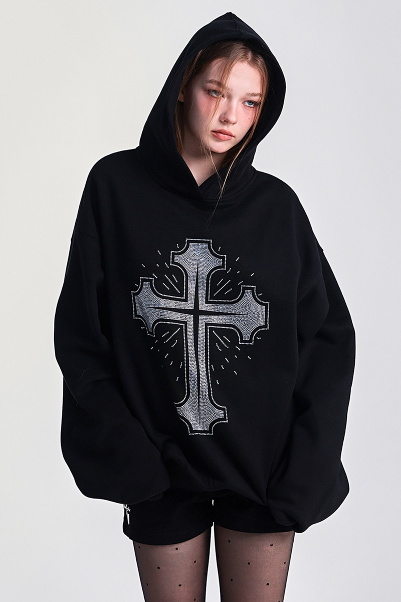 Big Cross Design Loose Hooded Sweatshirt