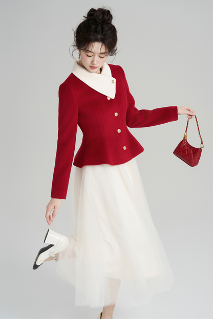 Red Wool Waist Cinching Coat + Long Dress