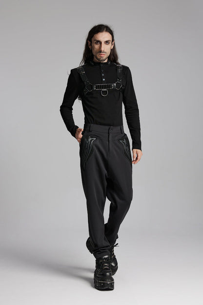 Black Stand Collar Long Sleeves Punk Military T-shirt