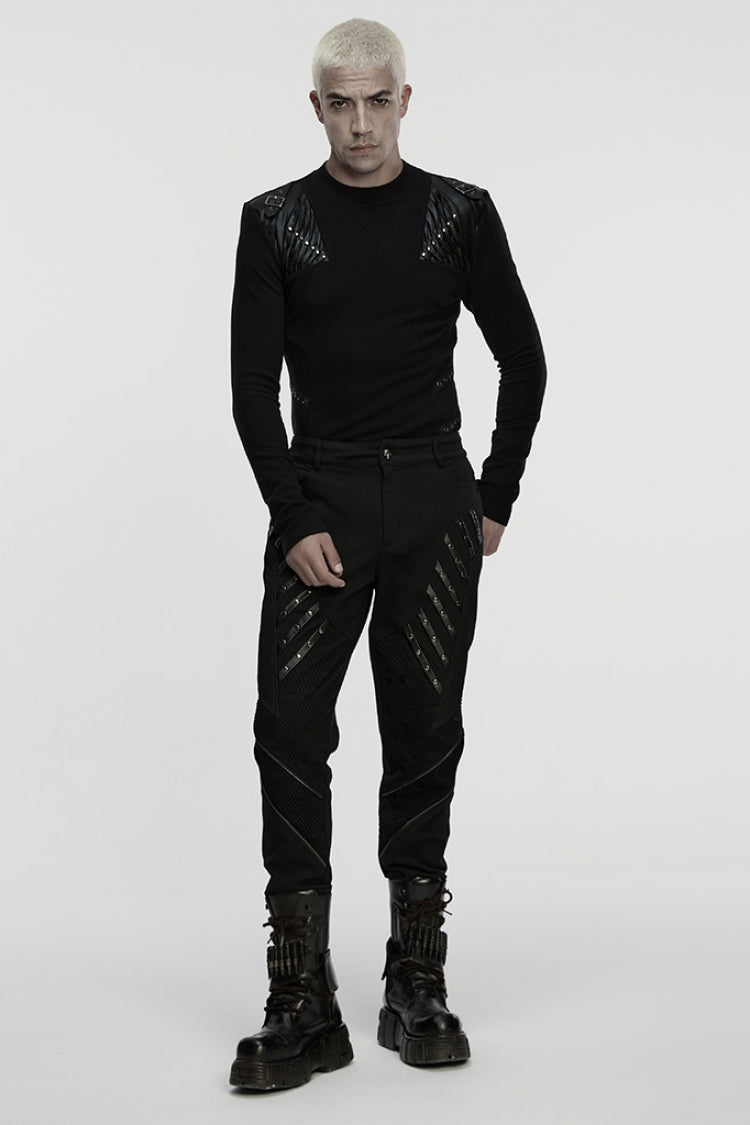 Black Round Collar Long Sleeves Buckled Strappy Pleated Eyelet Punk Top