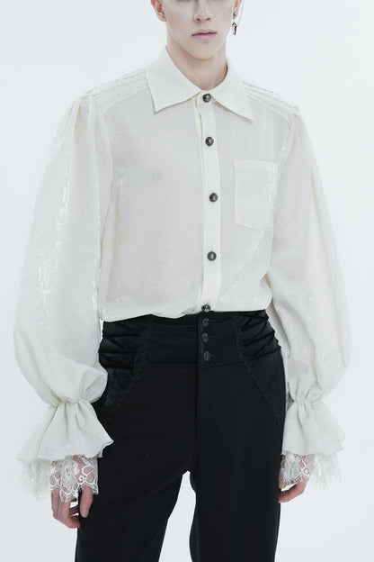 White Lapel Collar Puff Sleeved Lace Hem Gothic Shirt