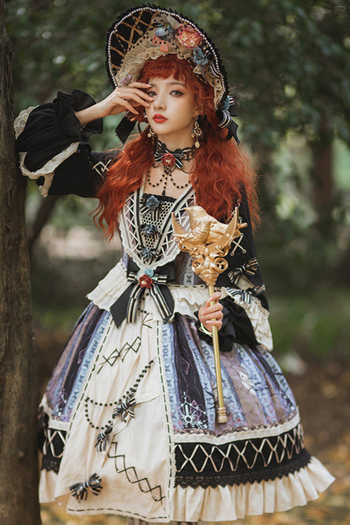 Multi-color Ruffled Sleeve Retro Printed High Waist Classic Lolita Op Dress