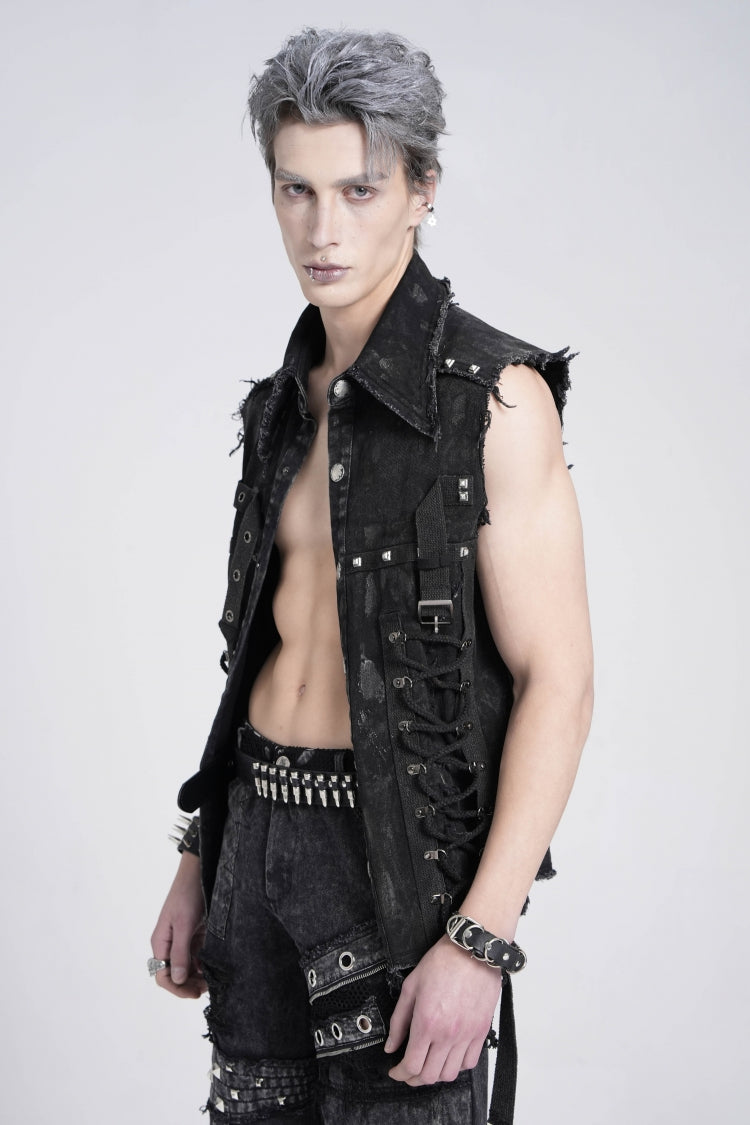 Black Sleeveless Studded Lace-up Gothic Distressed Vest