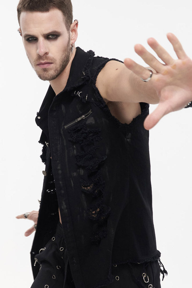 Black Punk Standing Collar Irregular Hand-painted Sleeveless Metal Decoration Tattered Shirt
