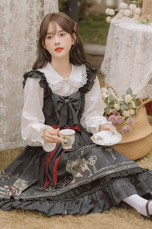 Black Ruffled Strap Court Print Front and Back Bow Classic Lolita Jsk Dress