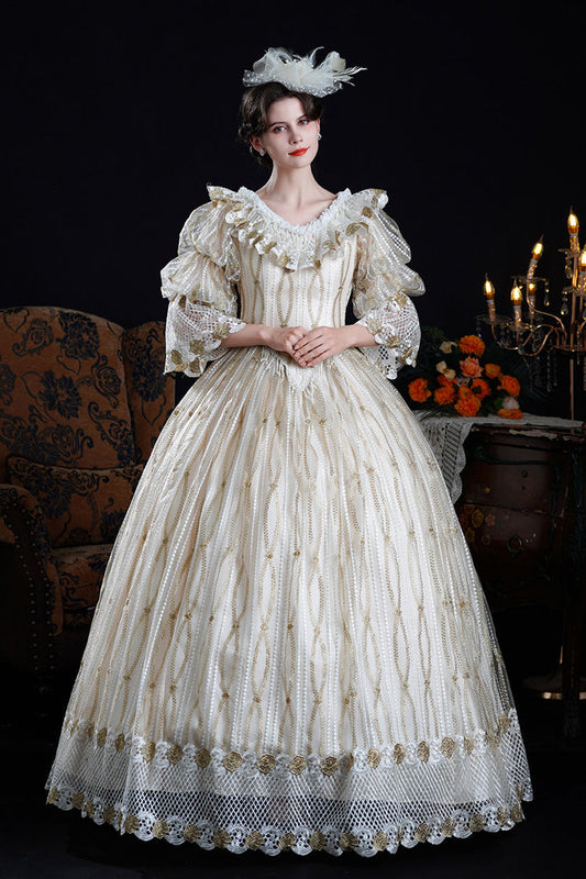 Champagne Long Puff Sleeves Ruffled Cut-out Mesh Classic Palace Lolita Victorian Dress