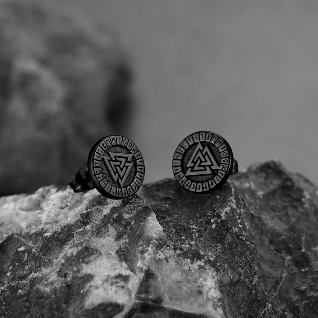 Viking Valknut Black Stud Earrings for With Runes