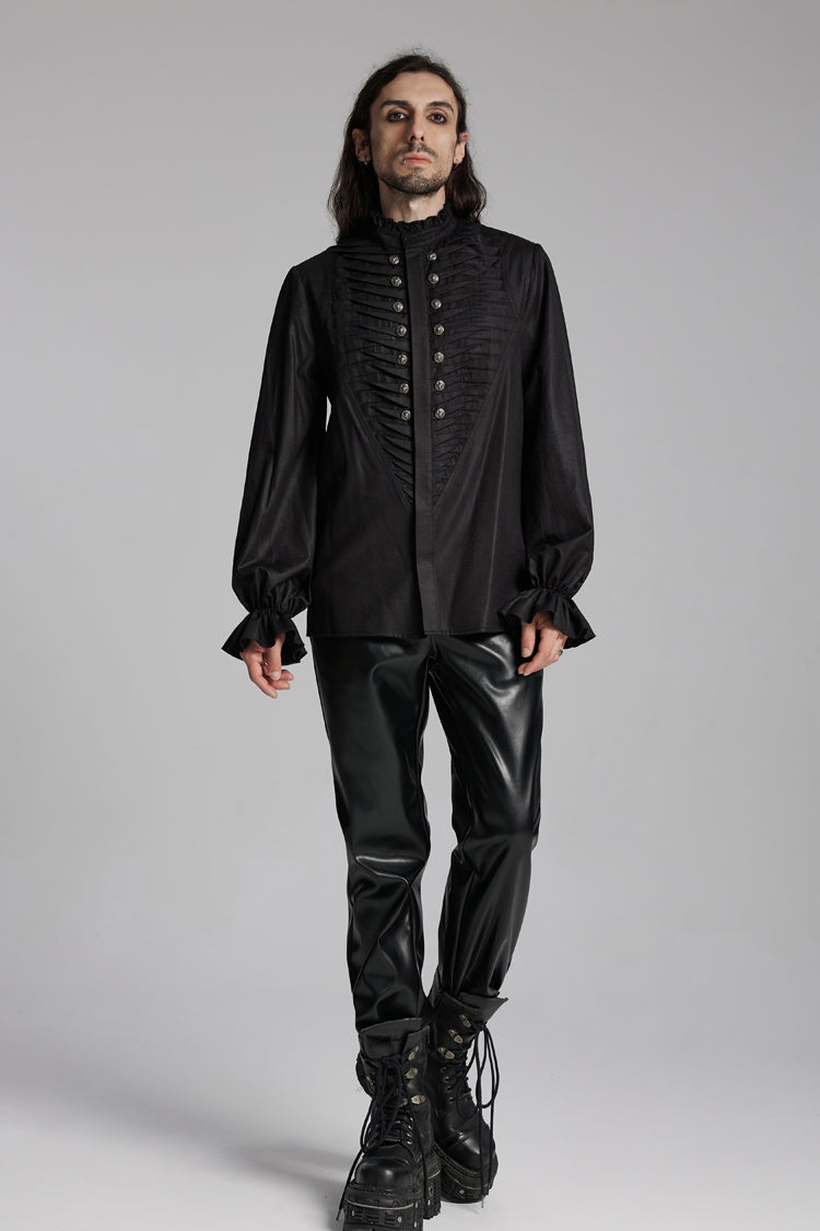 Black Long Sleeves Ruffle Beast Buckle Gothic Blouse