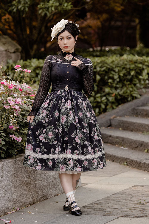 Black French Rose Print V Collar Sleeveless Ruffled Classic Lolita Jsk Dress