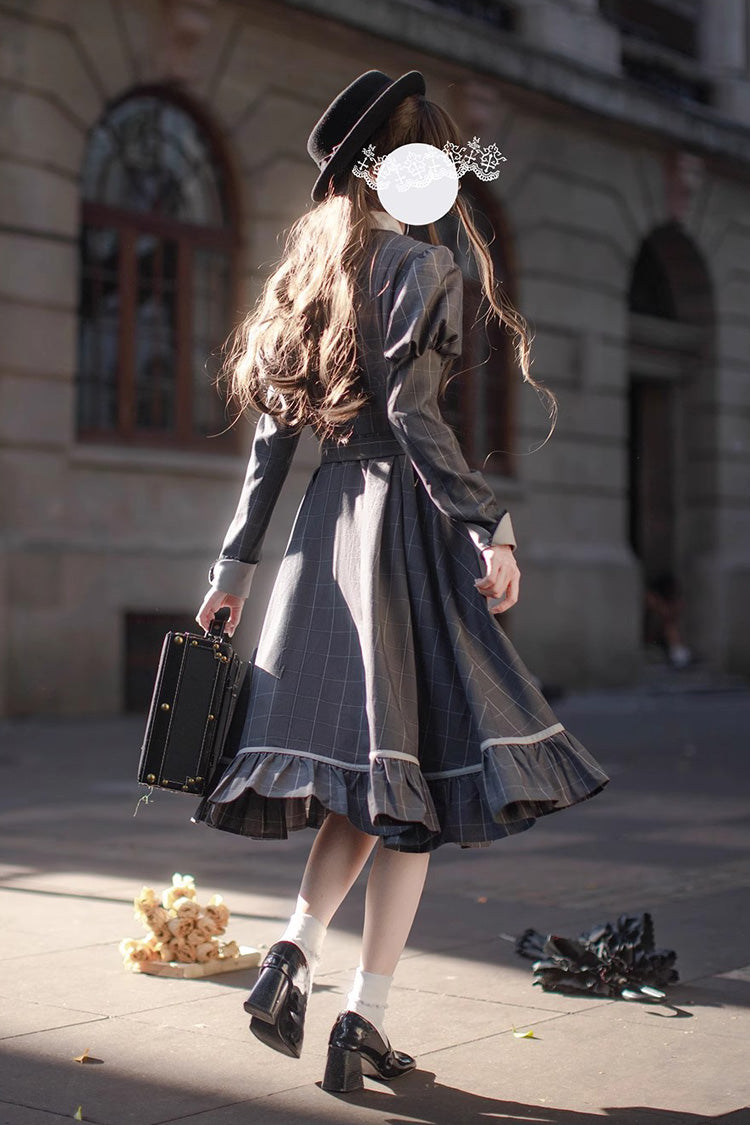 Grey Plaid Print Ruffle Bowknot Classic College Style Lolita Dress