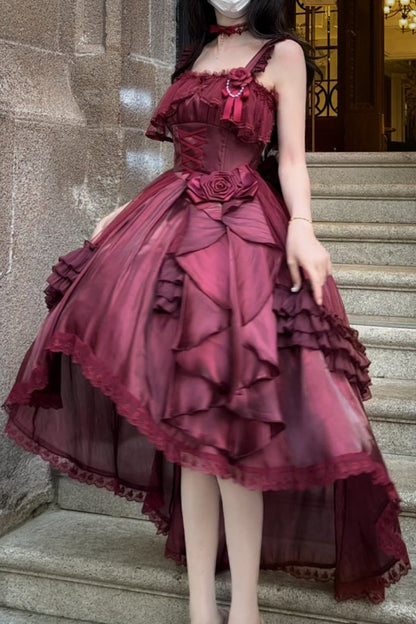 Red Square Collar Sleeveless Ruffled Bow Lace-up Classic Princess Lolita Jsk Dress