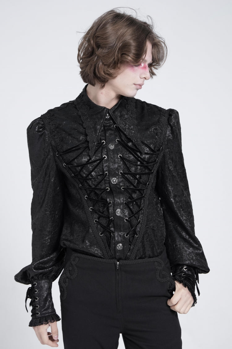Black Long Puff Sleeves Jacquard Lace Gothic Blouse