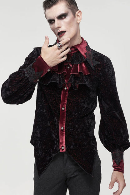 Black/red Gothic Lace Stand Collar Ruffle Lantern Sleeves Velvet Crack Shirt