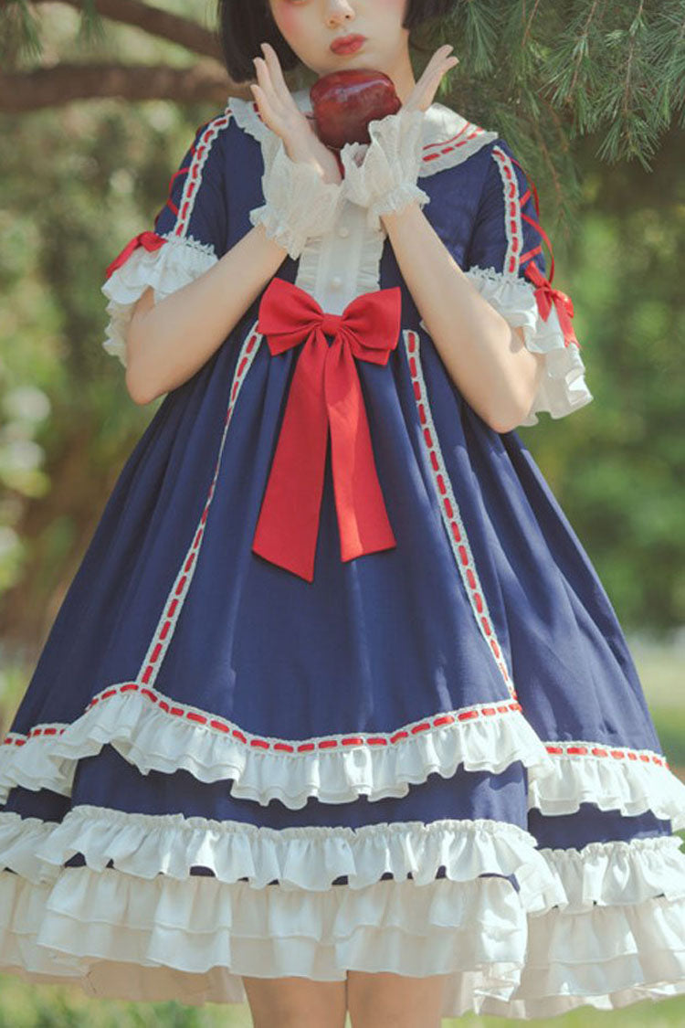 Dark Blue Short Sleeves Hime Sleeves Bowknot Multi-layer Classic Lolita Jsk Dress