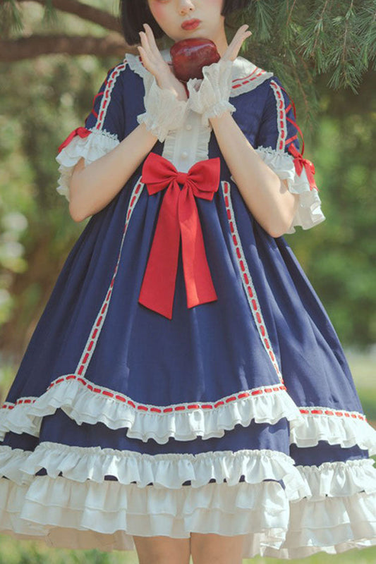 Dark Blue Short Sleeves Hime Sleeves Bowknot Multi-layer Classic Lolita Jsk Dress