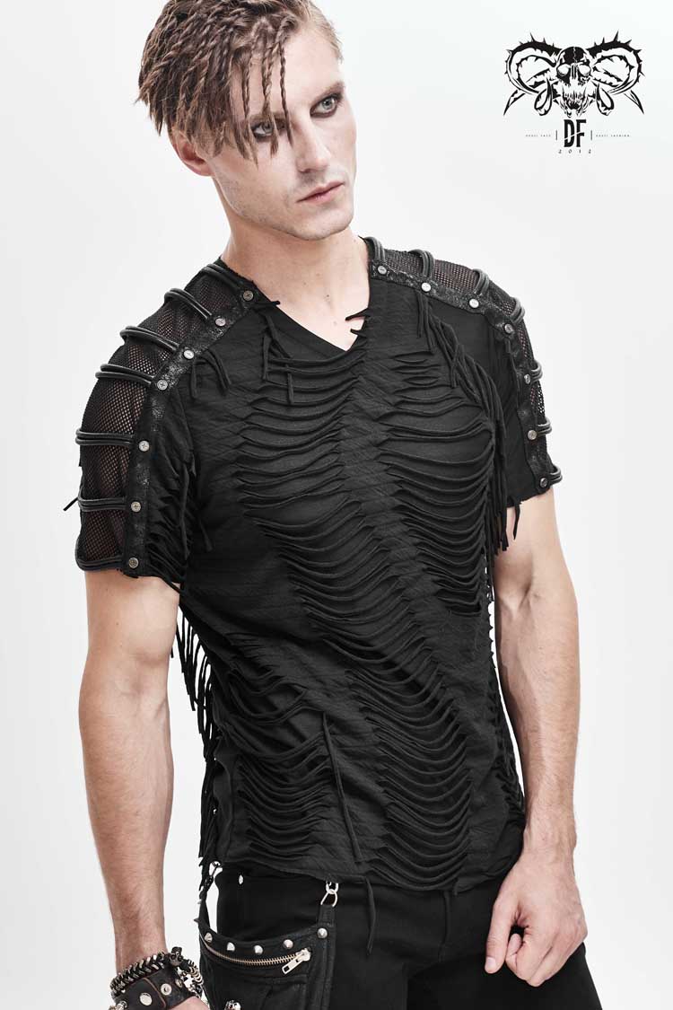 Black Tattered Striped Shoulder Splice Mesh Short Sleeve Punk T-shirt