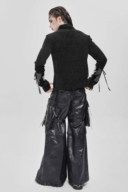 Black Stand Collar Long Sleeves Faux Leather Stitching Chain Eyelet Punk Blouse