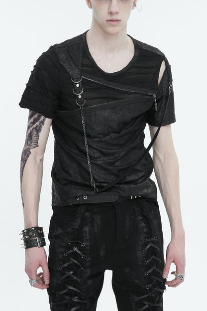 Black Left Off Shoulder Chest Zipper Embellished Punk Short Sleeve