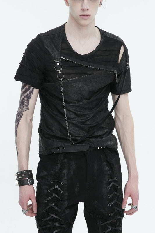Black Left Off Shoulder Chest Zipper Embellished Punk Short Sleeve