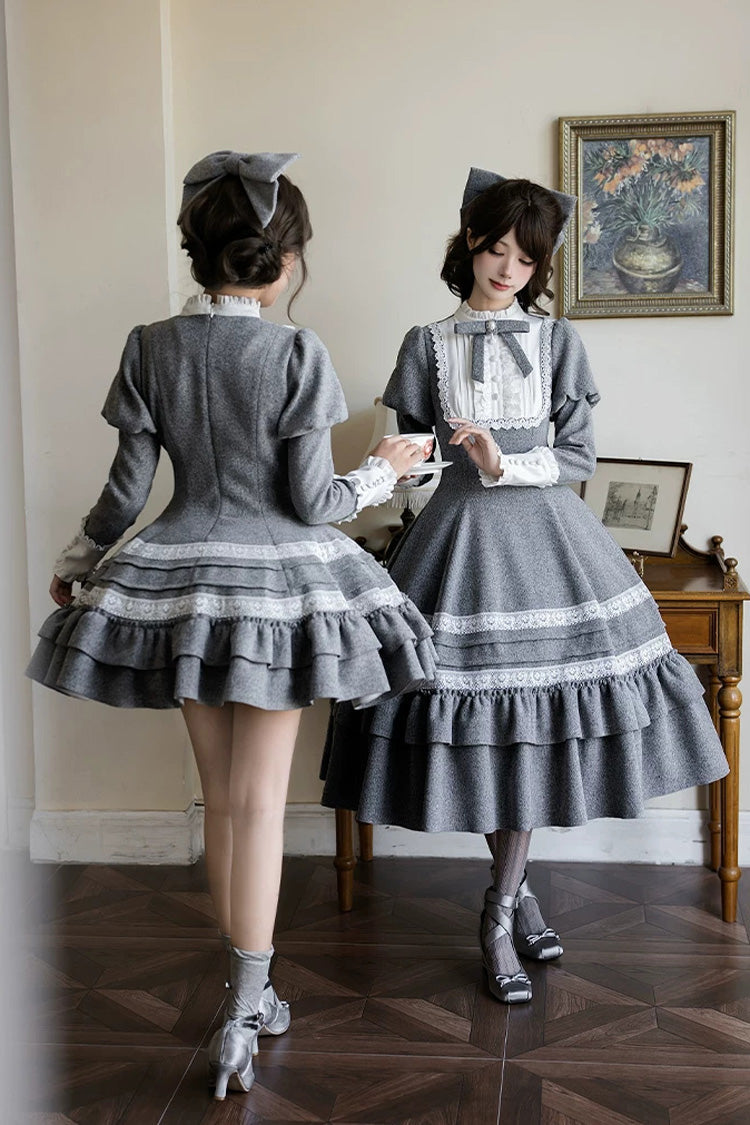 Grey [letters and Poems · Old Memories] Stand Collar Long Sleeves Double-layered Ruffled Bow Classic Lolita Dress 2 Versions