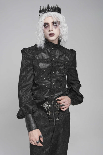 Black Stand Collar Long Lantern Sleeves Print Embroidery Gothic Blouse
