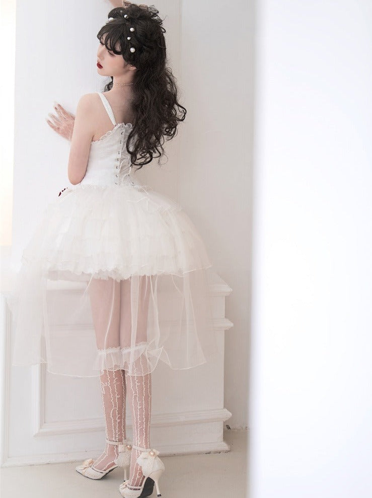 Rose Ribbon Tulle Lace Up Tiered Cami Dress
