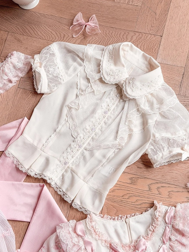 [pre-order Deadline: May 8] Sweet Lace Ribbon Layered Ruffle Blouse