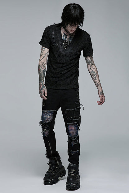 Black Short Sleeves Buckle Stitching Mesh Steampunk T-shirt