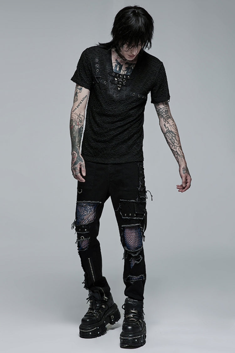 Black Short Sleeves Buckle Stitching Mesh Steampunk T-shirt