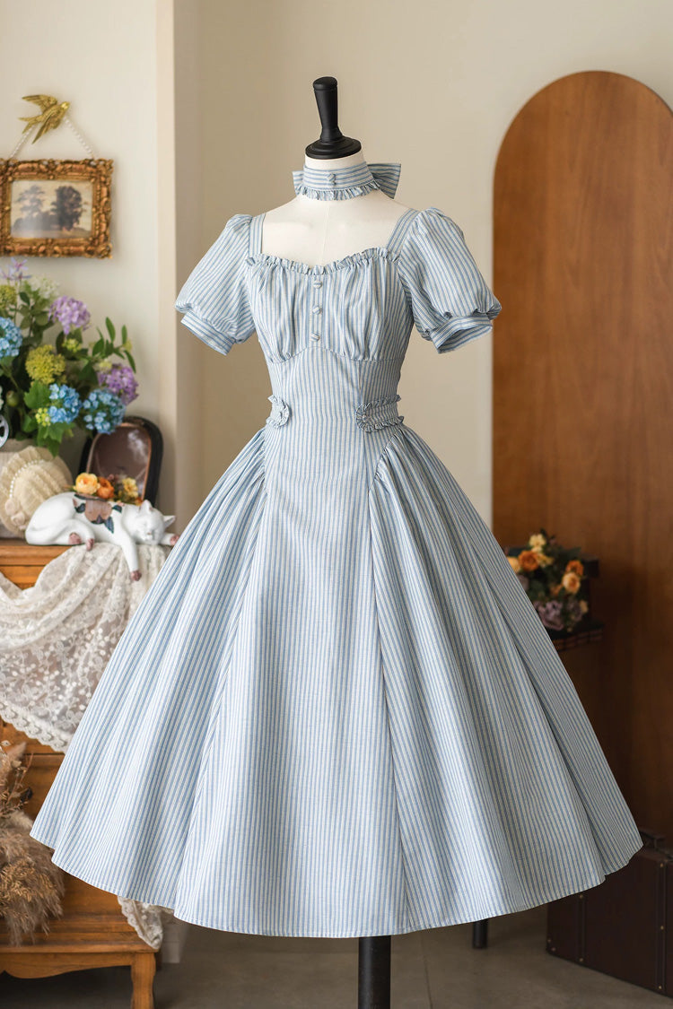 Light Blue [chantilly Forest] Square Collar Short Sleeves Striped Printed Ruffled Classic Lolita Dress