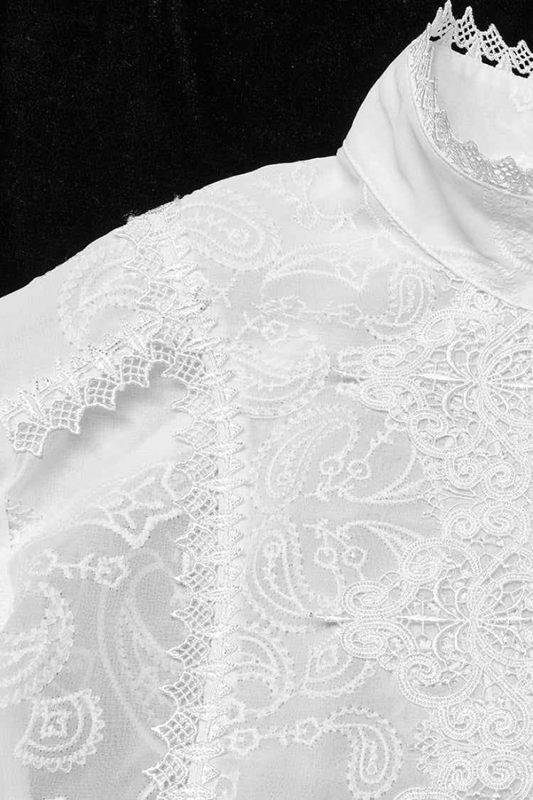 White Stand Collar Chiffon Long Sleeves Hollow Embroidery Gothic Blouse