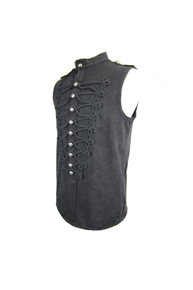 Black Military Uniform Style Chest Chinese Frog Button Sleeveless Punk T-shirt