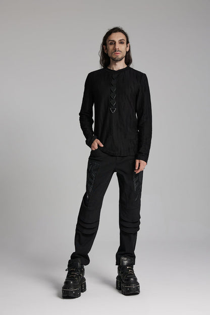 Black Round Collar Long Sleeves Triangle Buckle Punk T-shirt