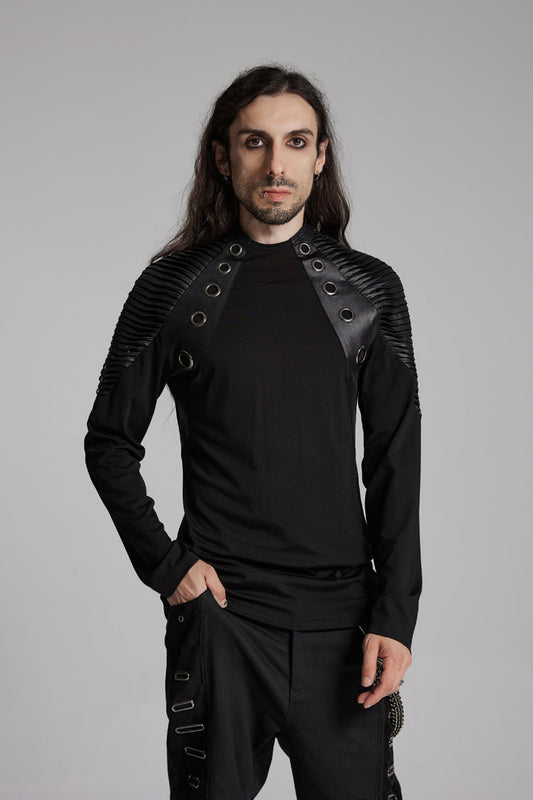Black Round Collar Long Sleeves Mesh Pleated Loop Punk Blouse