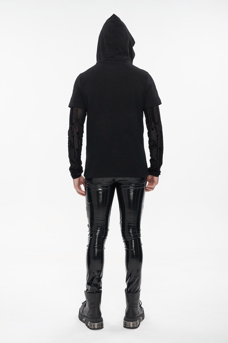 Black Paneled Mesh Long Sleeve Super High Collar Masked Circuit Diagram Printed Hooded Knitted Punk T-shirt