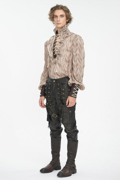 Brown Ruffle Stand Collar Print Lace-up Gothic Blouse