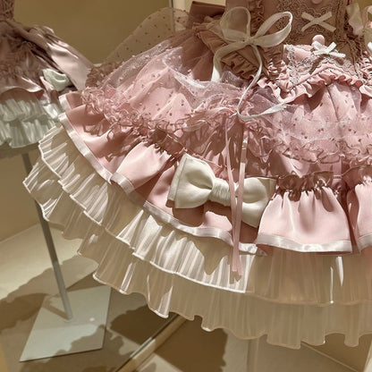 [order Deadline: May 12] Pink White Sweet Lolita Idol Ribbon Puff Sleeve Shirt + Corset Tulle Pull-up Jks Dress Set