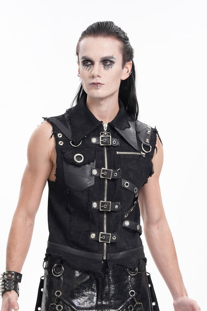 Black Lapel Collar Sleeveless Ripped Buckle Eyelets Gothic Vest