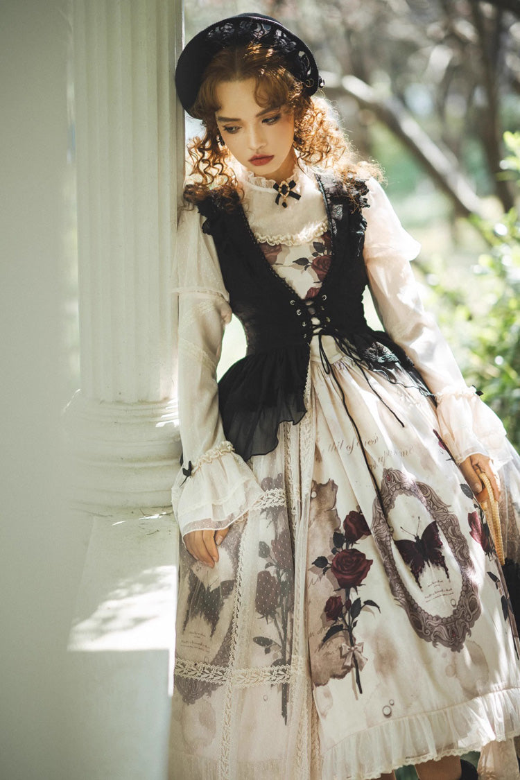 Multi-color Long Sleeves Print Ruffle French Princess Classic Gothic Lolita Dress Set