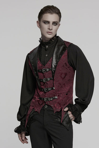 Black/red Lapel V-neck Sleeveless Jacquard Buckle Gothic Vest