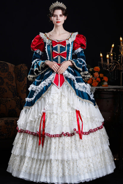 Blue/ivory Round Collar Long Hime Sleeves Triple-layered Ruffled Open-front Bow Lace Classic Palace Lolita Victorian Dress